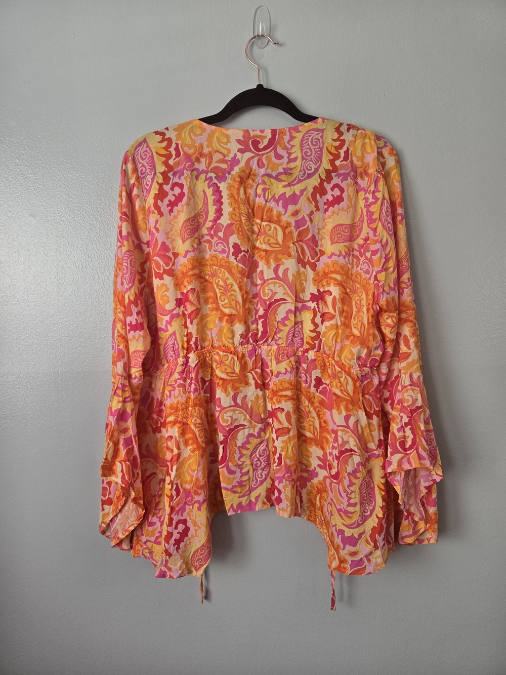 Cato Paisley Swim Cover Up Pink Orange Yellow Tie Front Bell Sleeve Chiffon XL - Picture 5 of 8